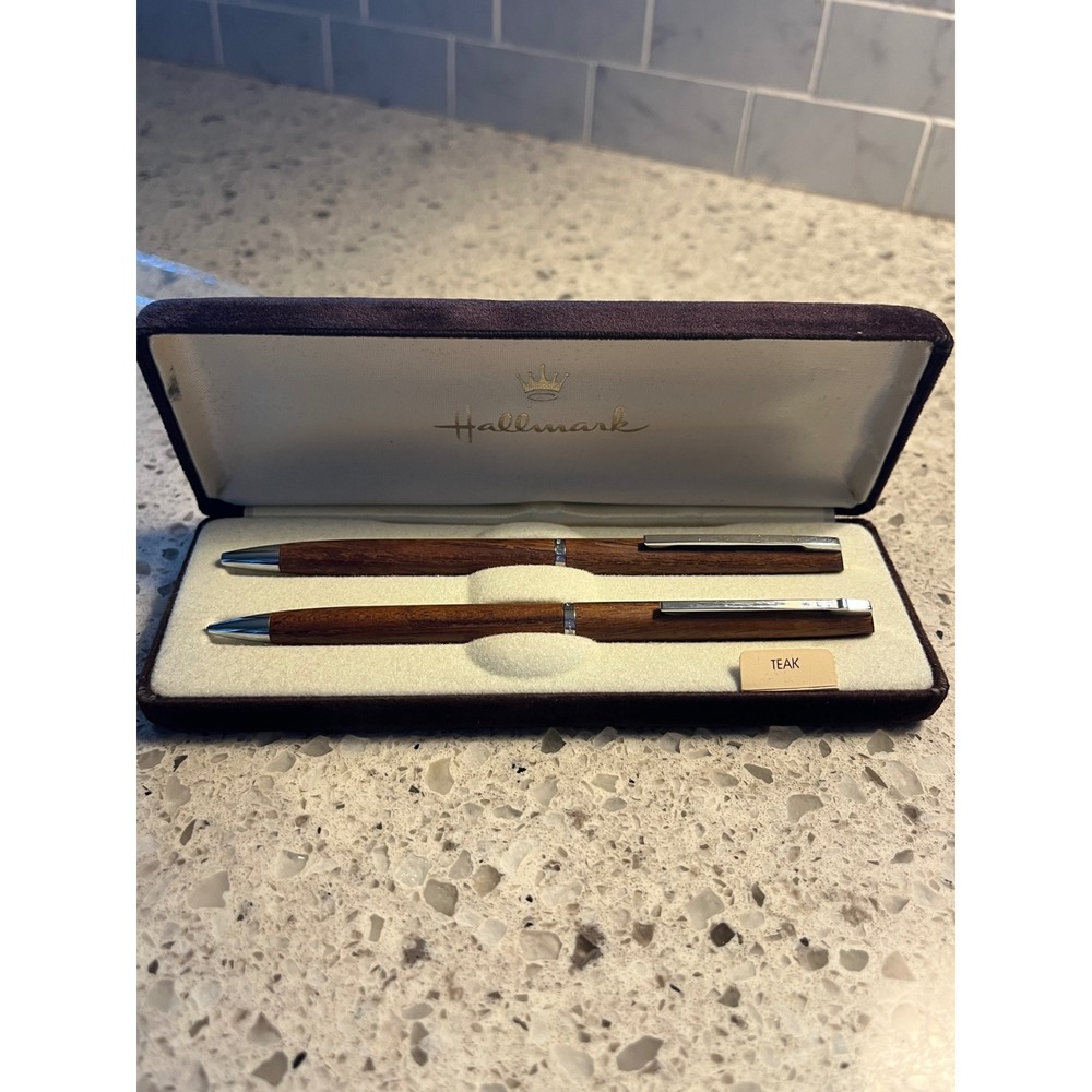 Hallmark Teak Wood Pen and Pencil Set Chrome Trim with Original Case